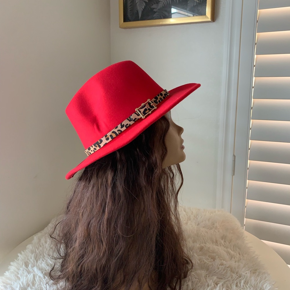 A red fedora hat with a leopard band Brand new